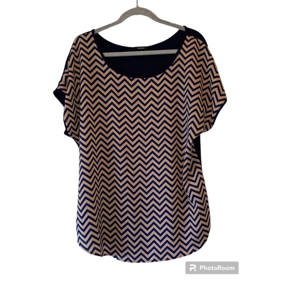 Expresso Womens Blouse 2X Navy Tan Short Sleeve